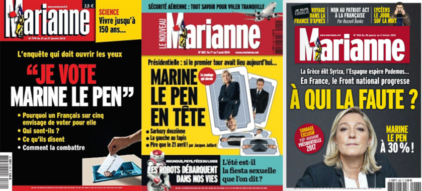 Les « unes » de Marianne sur Marine Le Pen. Je ne voudrais pas te donner de mauvaises idées mais tu peux télécharger cette photo et la partager sur les réseaux sociaux en interrogeant innocemment la responsabilité de Marianne dans la mise au centre du débat du Front national.